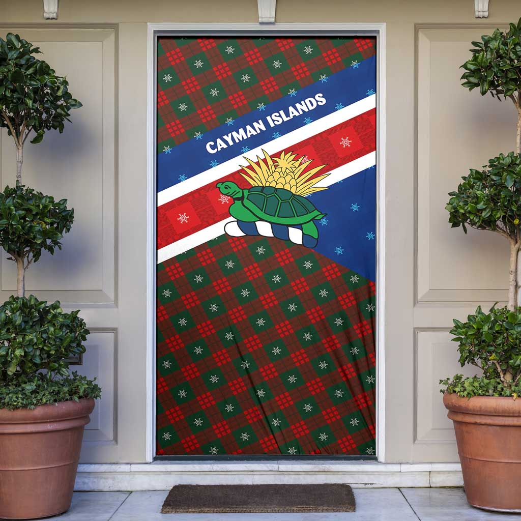 Cayman Islands Xmas Door Cover Christmas Plaid Turtle and Coat of Arms Red Green Blue - Wonder Print Shop