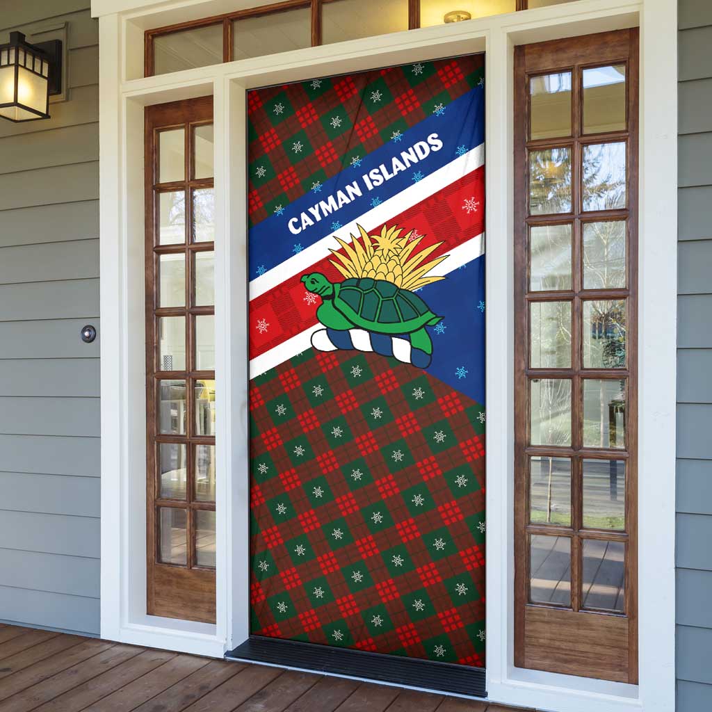 Cayman Islands Xmas Door Cover Christmas Plaid Turtle and Coat of Arms Red Green Blue - Wonder Print Shop