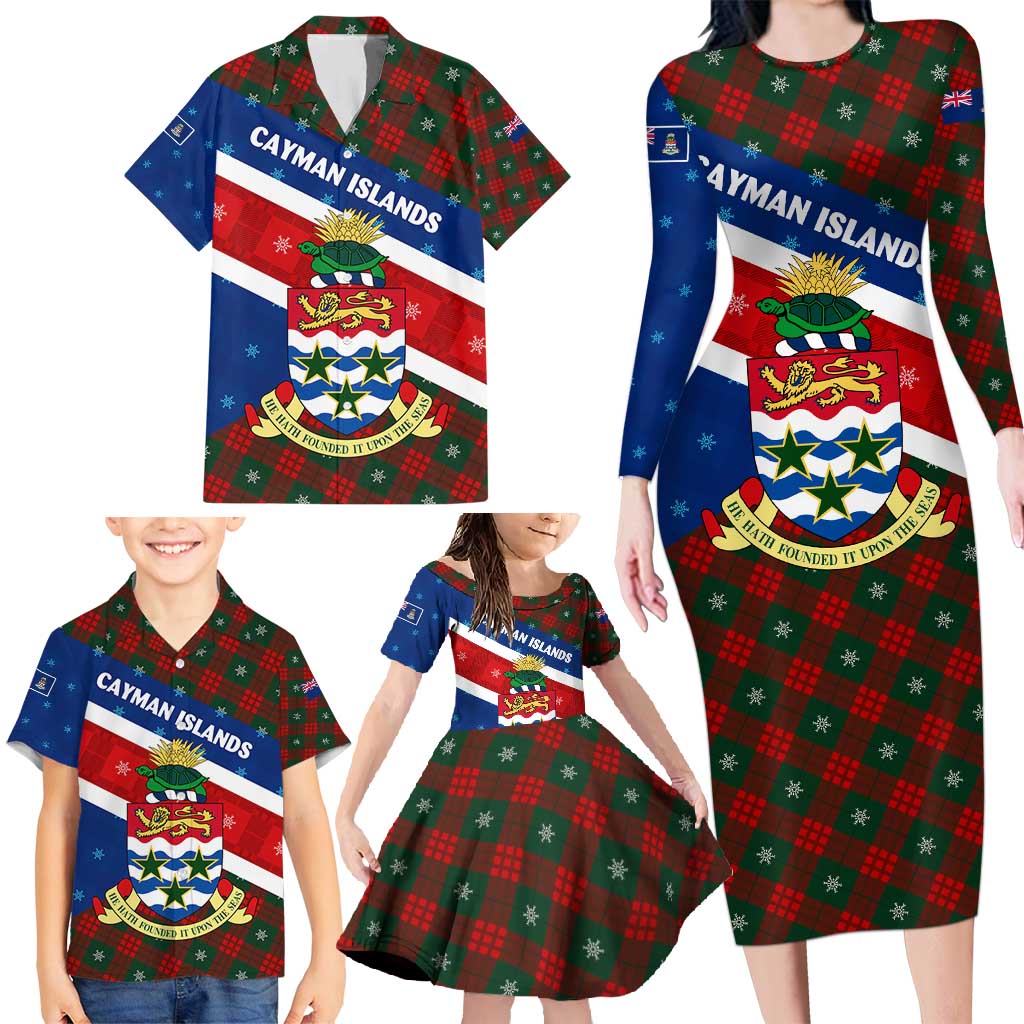 Cayman Islands Xmas Family Matching Long Sleeve Bodycon Dress and Hawaiian Shirt Christmas Plaid Turtle and Coat of Arms Red Green Blue - Wonder Print Shop
