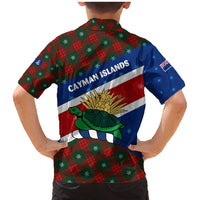 Cayman Islands Xmas Family Matching Mermaid Dress and Hawaiian Shirt Christmas Plaid Turtle and Coat of Arms Red Green Blue - Wonder Print Shop