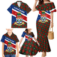 Cayman Islands Xmas Family Matching Mermaid Dress and Hawaiian Shirt Christmas Plaid Turtle and Coat of Arms Red Green Blue - Wonder Print Shop