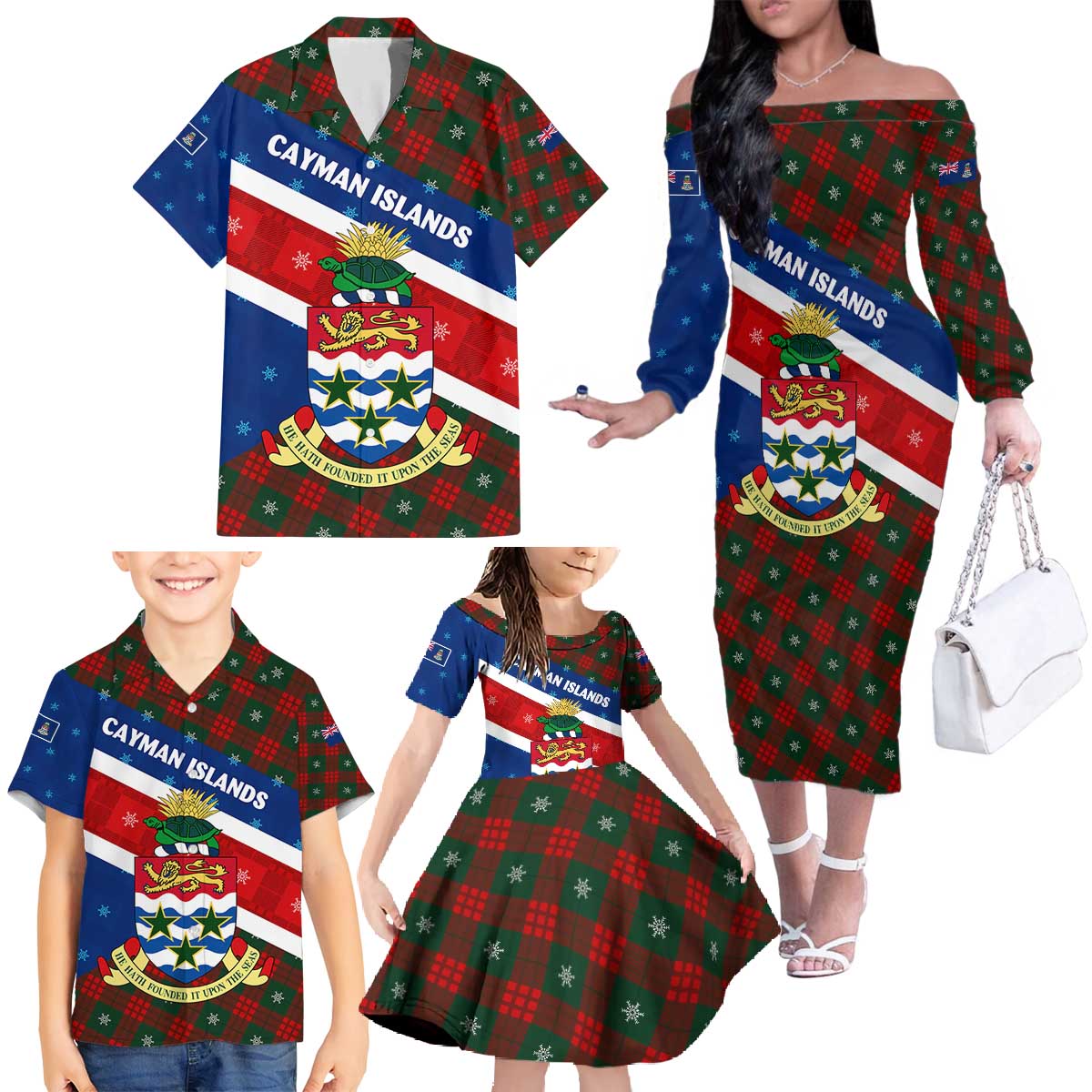 Cayman Islands Xmas Family Matching Off The Shoulder Long Sleeve Dress and Hawaiian Shirt Christmas Plaid Turtle and Coat of Arms Red Green Blue - Wonder Print Shop