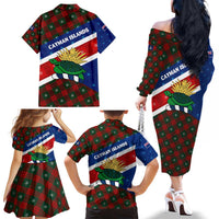 Cayman Islands Xmas Family Matching Off The Shoulder Long Sleeve Dress and Hawaiian Shirt Christmas Plaid Turtle and Coat of Arms Red Green Blue - Wonder Print Shop