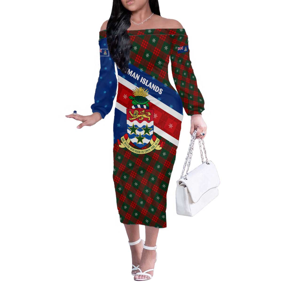Cayman Islands Xmas Family Matching Off The Shoulder Long Sleeve Dress and Hawaiian Shirt Christmas Plaid Turtle and Coat of Arms Red Green Blue - Wonder Print Shop
