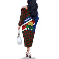 Cayman Islands Xmas Family Matching Off The Shoulder Long Sleeve Dress and Hawaiian Shirt Christmas Plaid Turtle and Coat of Arms Red Green Blue - Wonder Print Shop