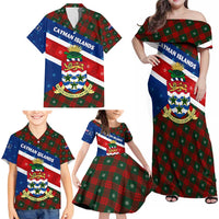 Cayman Islands Xmas Family Matching Off Shoulder Maxi Dress and Hawaiian Shirt Christmas Plaid Turtle and Coat of Arms Red Green Blue - Wonder Print Shop