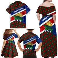 Cayman Islands Xmas Family Matching Off Shoulder Maxi Dress and Hawaiian Shirt Christmas Plaid Turtle and Coat of Arms Red Green Blue - Wonder Print Shop