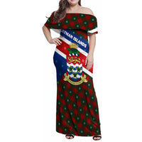 Cayman Islands Xmas Family Matching Off Shoulder Maxi Dress and Hawaiian Shirt Christmas Plaid Turtle and Coat of Arms Red Green Blue - Wonder Print Shop