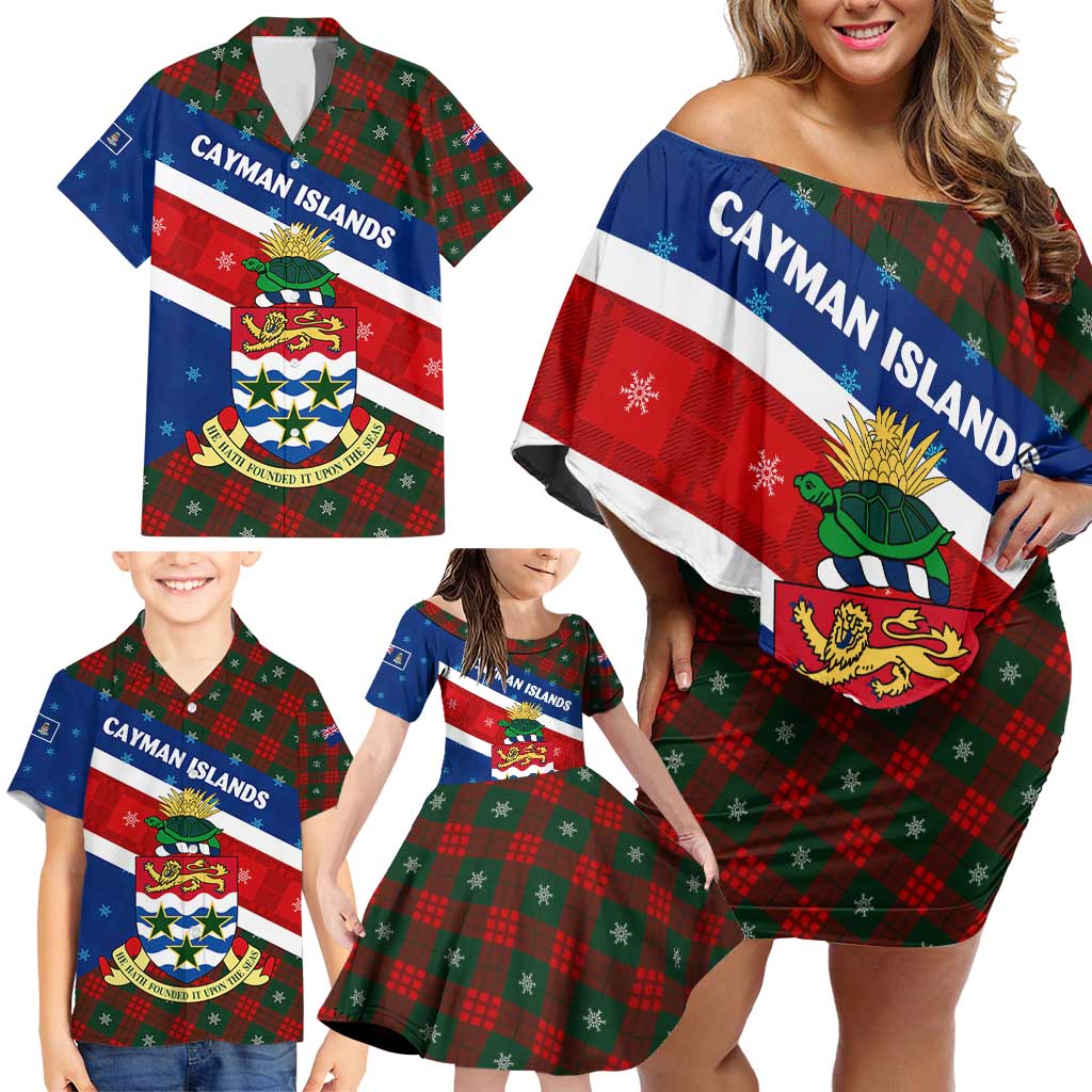 Cayman Islands Xmas Family Matching Off Shoulder Short Dress and Hawaiian Shirt Christmas Plaid Turtle and Coat of Arms Red Green Blue - Wonder Print Shop