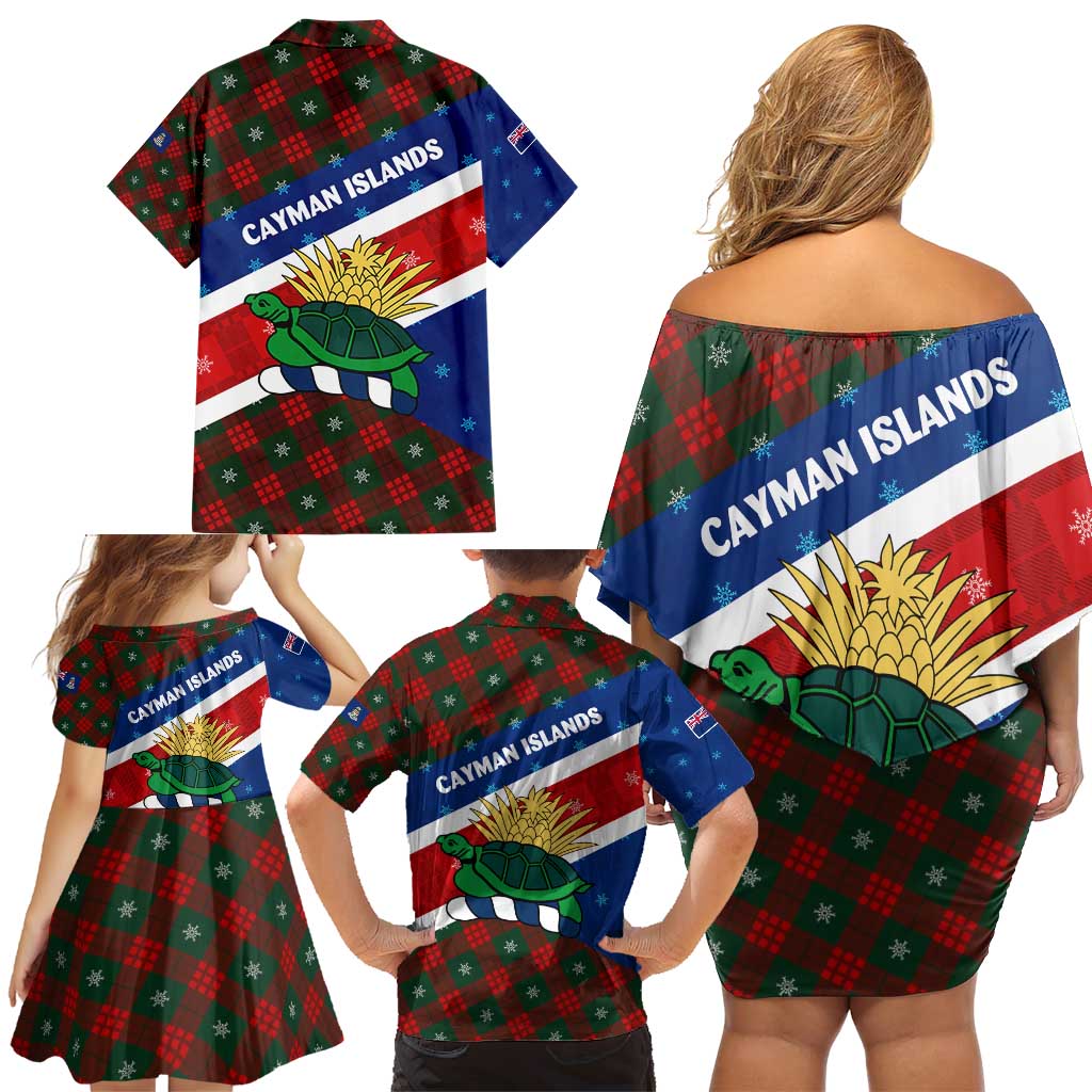 Cayman Islands Xmas Family Matching Off Shoulder Short Dress and Hawaiian Shirt Christmas Plaid Turtle and Coat of Arms Red Green Blue - Wonder Print Shop