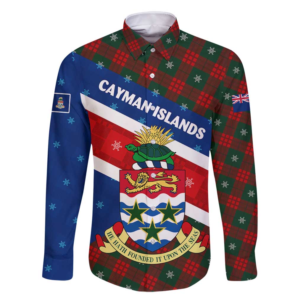 Cayman Islands Xmas Family Matching Off Shoulder Short Dress and Hawaiian Shirt Christmas Plaid Turtle and Coat of Arms Red Green Blue - Wonder Print Shop