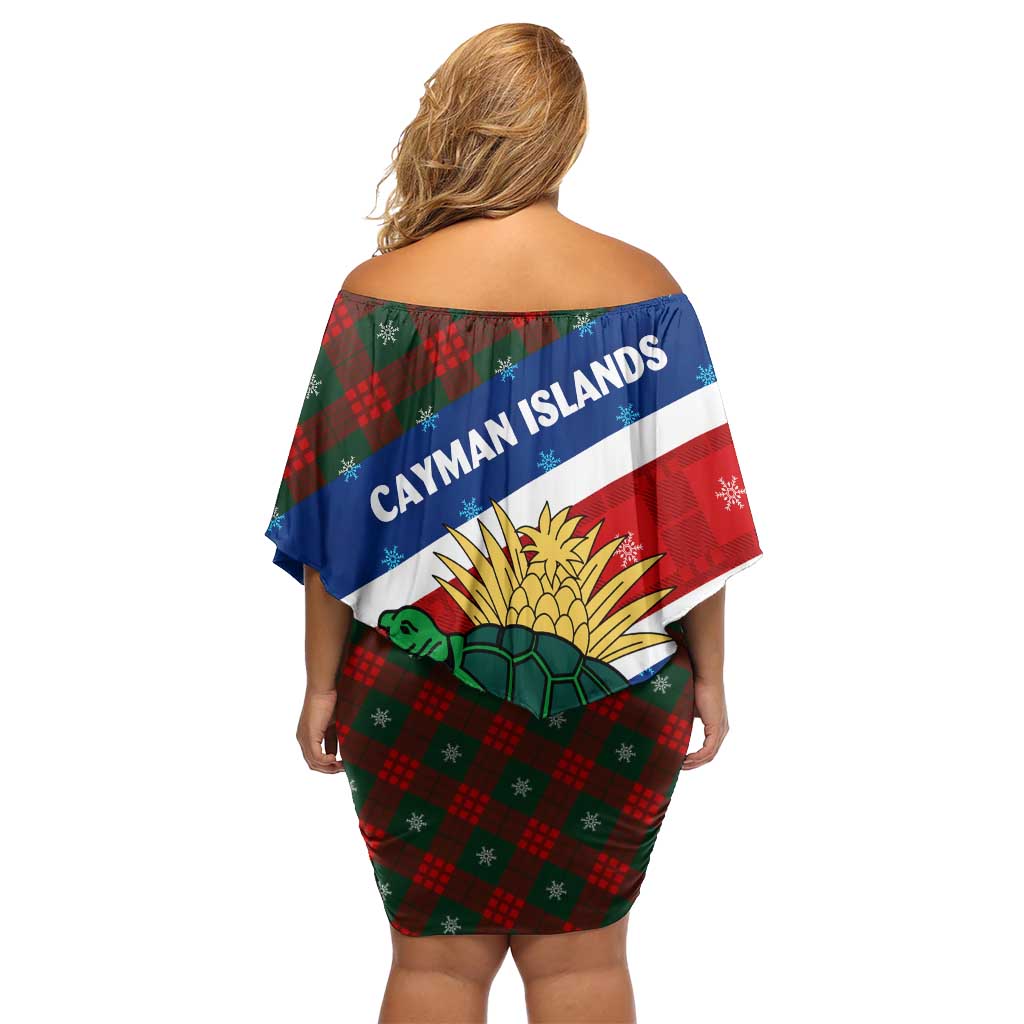 Cayman Islands Xmas Family Matching Off Shoulder Short Dress and Hawaiian Shirt Christmas Plaid Turtle and Coat of Arms Red Green Blue - Wonder Print Shop