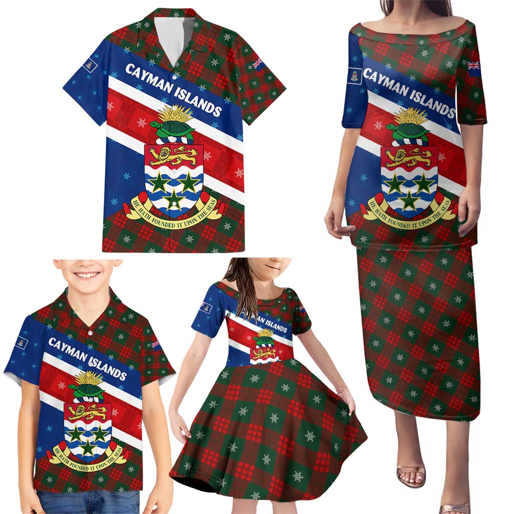 Cayman Islands Xmas Family Matching Puletasi and Hawaiian Shirt Christmas Plaid Turtle and Coat of Arms Red Green Blue - Wonder Print Shop