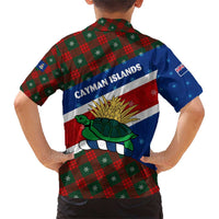 Cayman Islands Xmas Family Matching Short Sleeve Bodycon Dress and Hawaiian Shirt Christmas Plaid Turtle and Coat of Arms Red Green Blue - Wonder Print Shop