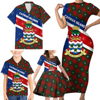 Cayman Islands Xmas Family Matching Short Sleeve Bodycon Dress and Hawaiian Shirt Christmas Plaid Turtle and Coat of Arms Red Green Blue - Wonder Print Shop