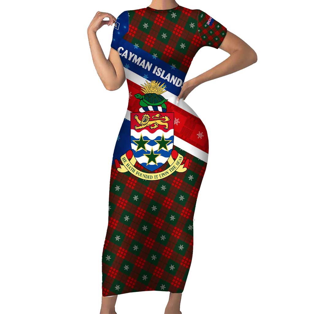 Cayman Islands Xmas Family Matching Short Sleeve Bodycon Dress and Hawaiian Shirt Christmas Plaid Turtle and Coat of Arms Red Green Blue - Wonder Print Shop