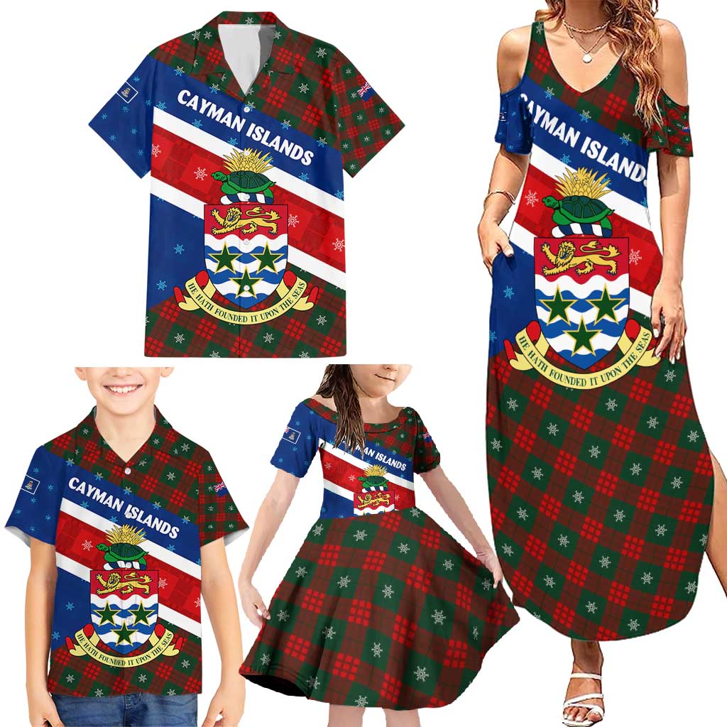 Cayman Islands Xmas Family Matching Summer Maxi Dress and Hawaiian Shirt Christmas Plaid Turtle and Coat of Arms Red Green Blue - Wonder Print Shop