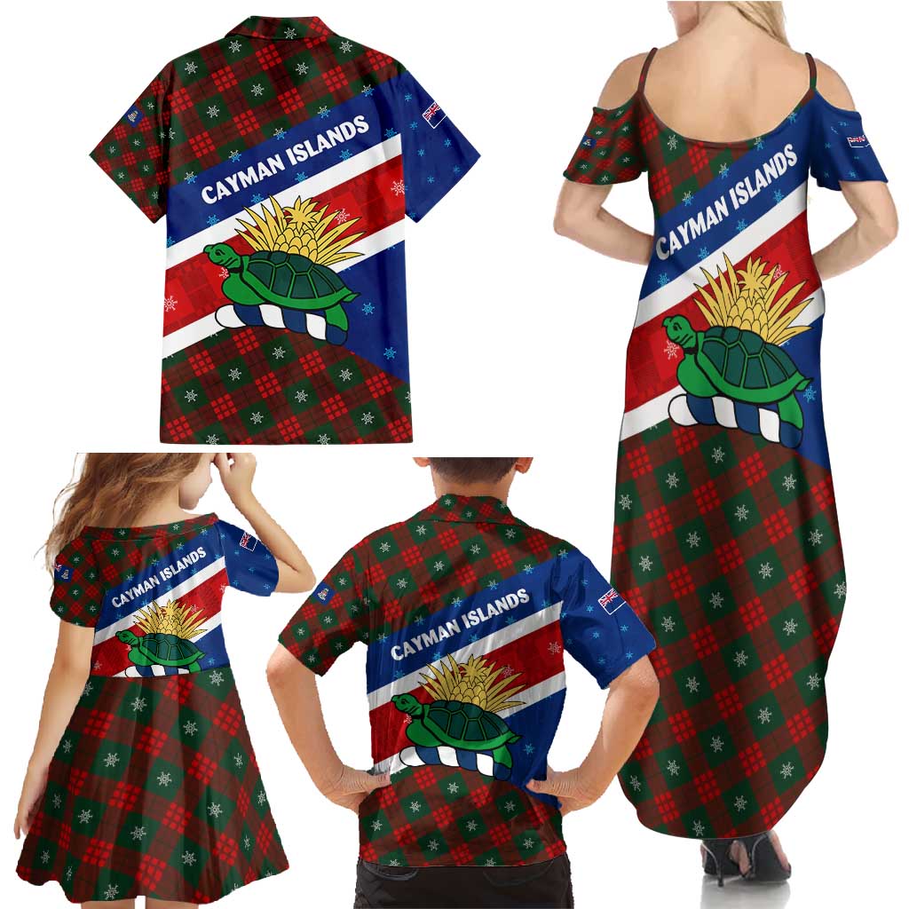 Cayman Islands Xmas Family Matching Summer Maxi Dress and Hawaiian Shirt Christmas Plaid Turtle and Coat of Arms Red Green Blue - Wonder Print Shop