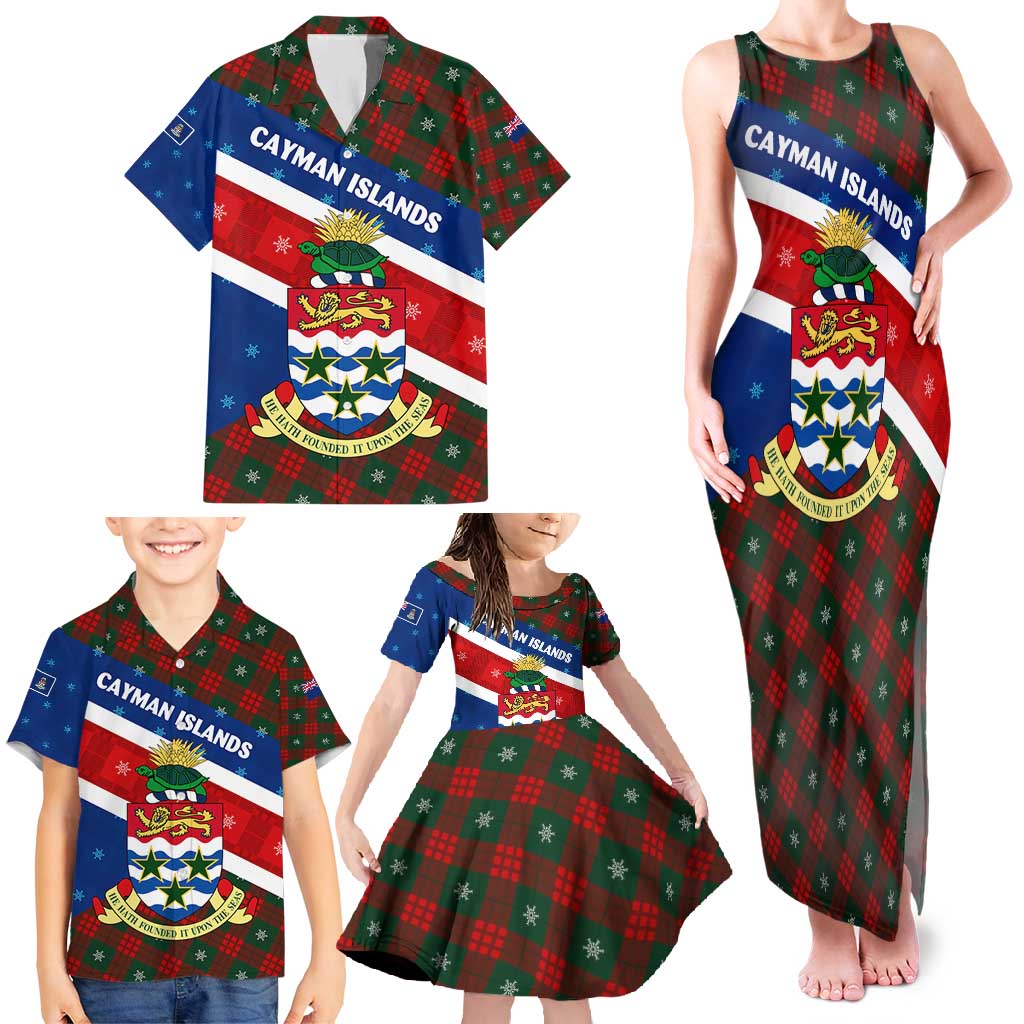 Cayman Islands Xmas Family Matching Tank Maxi Dress and Hawaiian Shirt Christmas Plaid Turtle and Coat of Arms Red Green Blue - Wonder Print Shop
