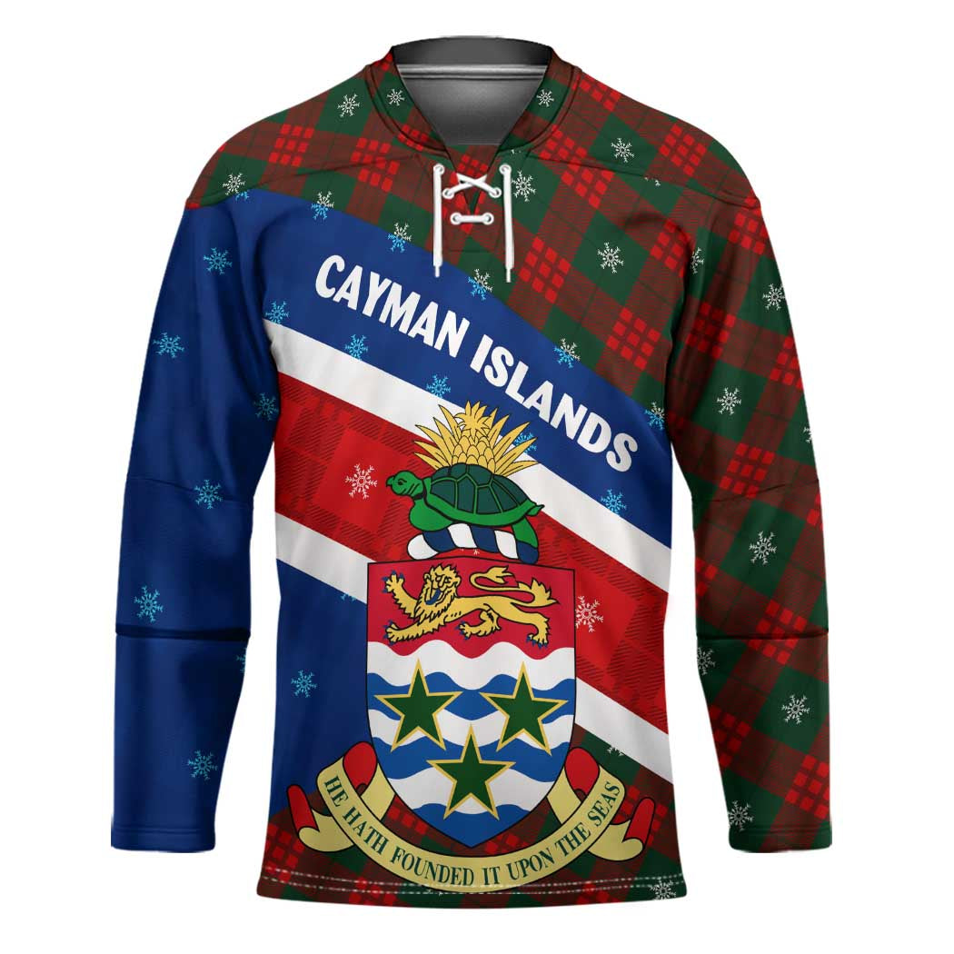 Cayman Islands Xmas Hockey Jersey Christmas Plaid Turtle and Coat of Arms Red Green Blue - Wonder Print Shop