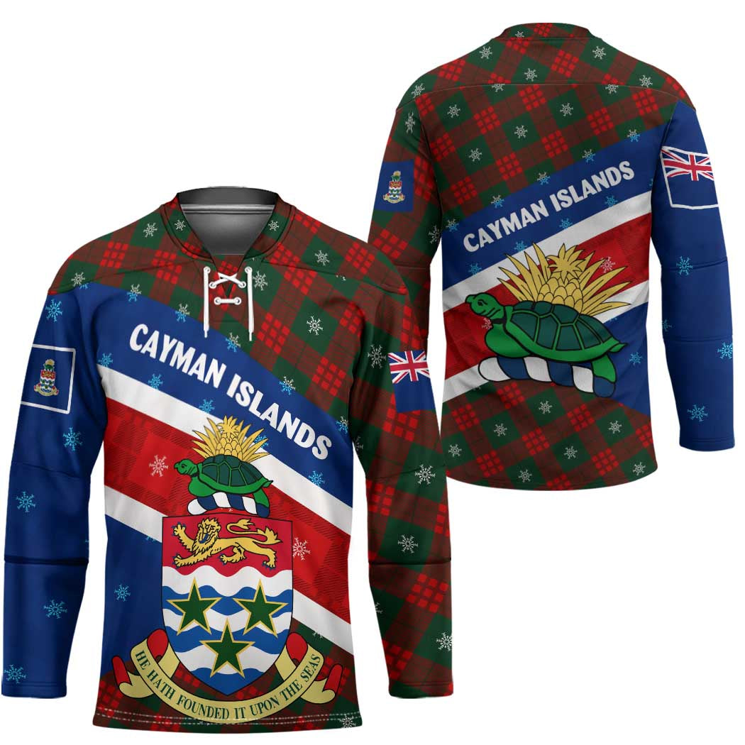 Cayman Islands Xmas Hockey Jersey Christmas Plaid Turtle and Coat of Arms Red Green Blue - Wonder Print Shop
