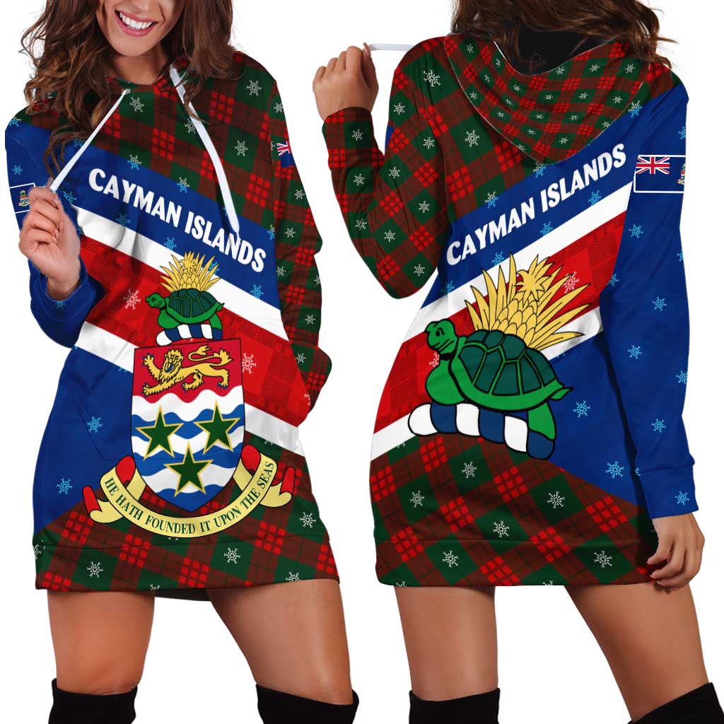 Cayman Islands Xmas Hoodie Dress Christmas Plaid Turtle and Coat of Arms Red Green Blue - Wonder Print Shop