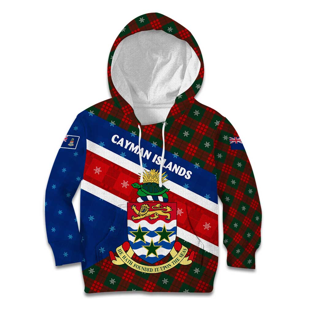 Cayman Islands Xmas Kid Hoodie Christmas Plaid Turtle and Coat of Arms Red Green Blue - Wonder Print Shop