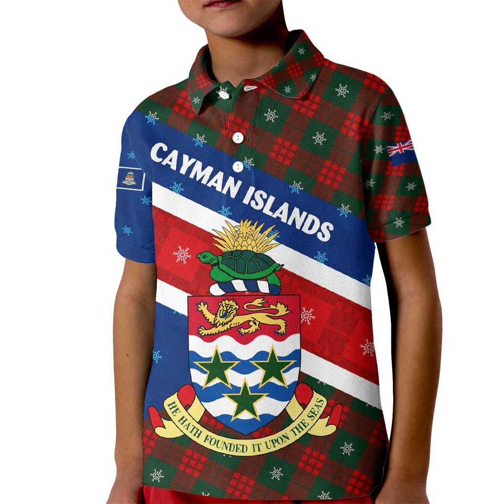 Cayman Islands Xmas Kid Polo Shirt Christmas Plaid Turtle and Coat of Arms Red Green Blue - Wonder Print Shop