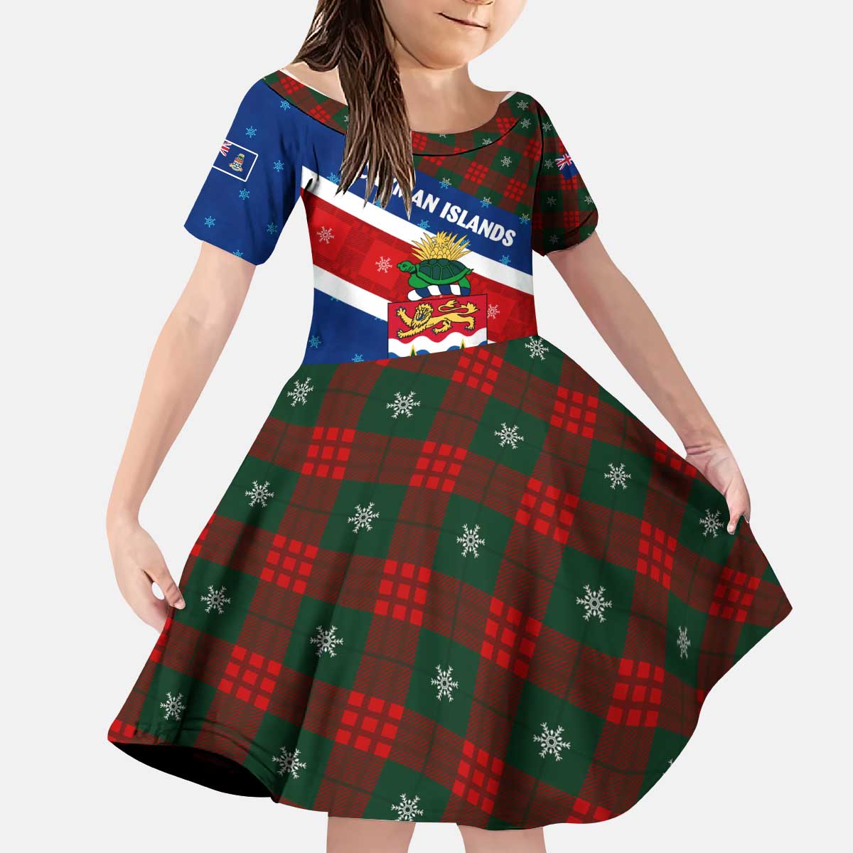 Cayman Islands Xmas Kid Short Sleeve Dress Christmas Plaid Turtle and Coat of Arms Red Green Blue - Wonder Print Shop