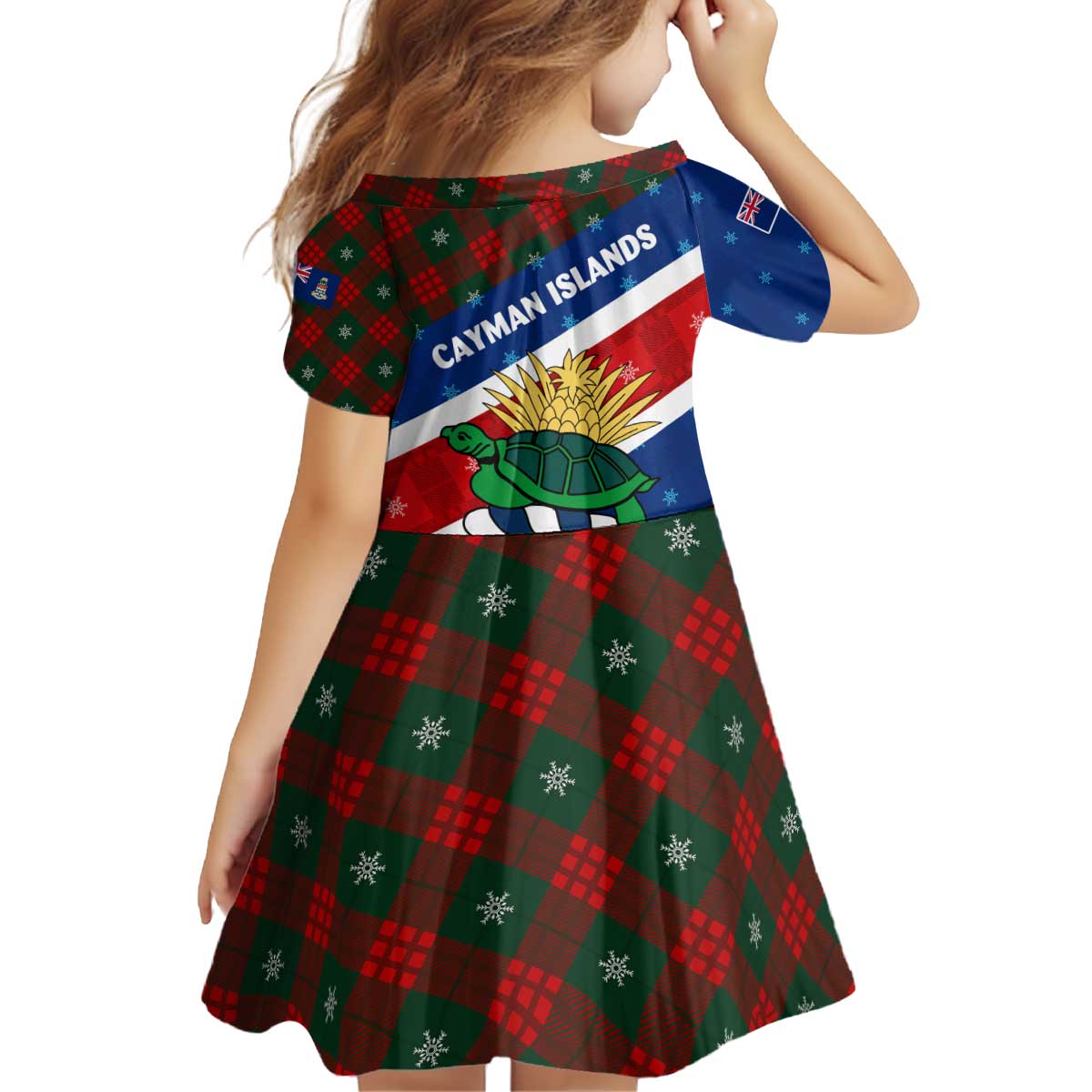 Cayman Islands Xmas Kid Short Sleeve Dress Christmas Plaid Turtle and Coat of Arms Red Green Blue - Wonder Print Shop