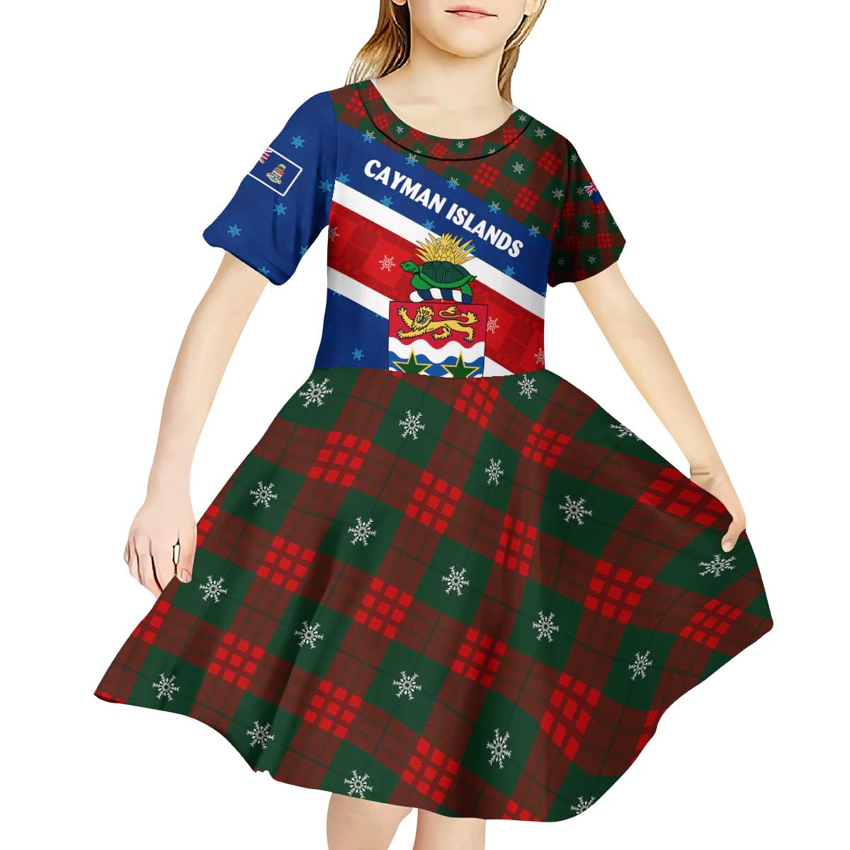 Cayman Islands Xmas Kid Short Sleeve Dress Christmas Plaid Turtle and Coat of Arms Red Green Blue - Wonder Print Shop