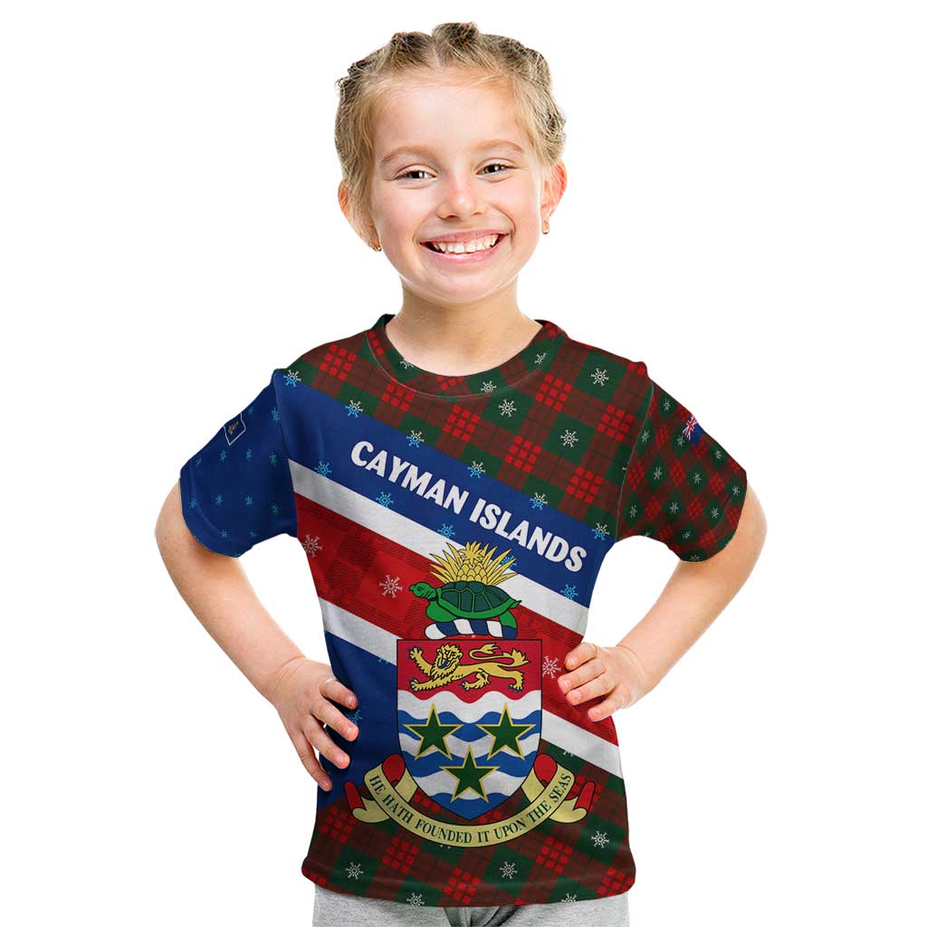 Cayman Islands Xmas Kid T Shirt Christmas Plaid Turtle and Coat of Arms Red Green Blue - Wonder Print Shop