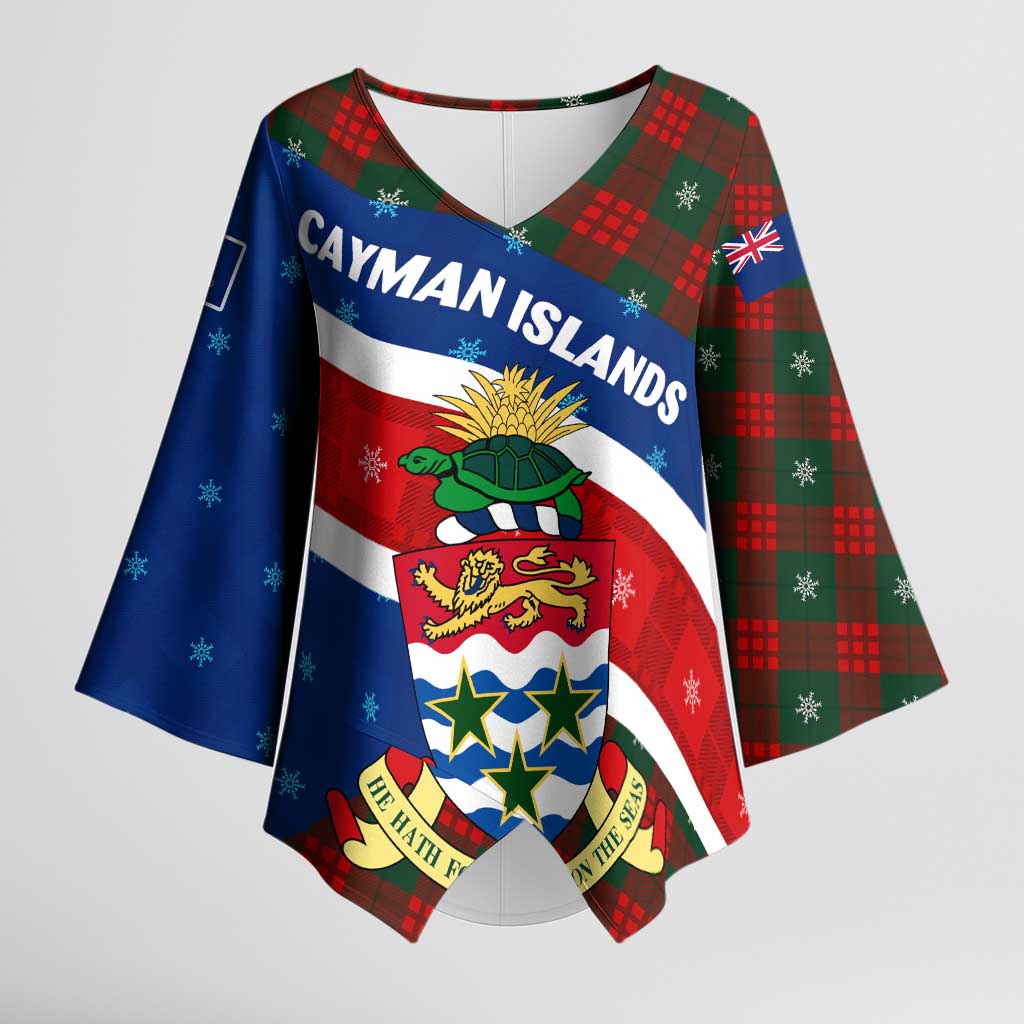 Cayman Islands Xmas Kimono Sleeve Blouse Christmas Plaid Turtle and Coat of Arms Red Green Blue - Wonder Print Shop
