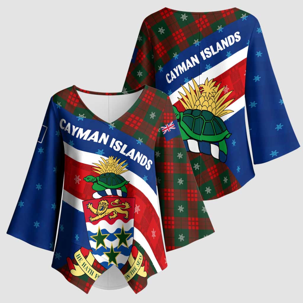 Cayman Islands Xmas Kimono Sleeve Blouse Christmas Plaid Turtle and Coat of Arms Red Green Blue - Wonder Print Shop