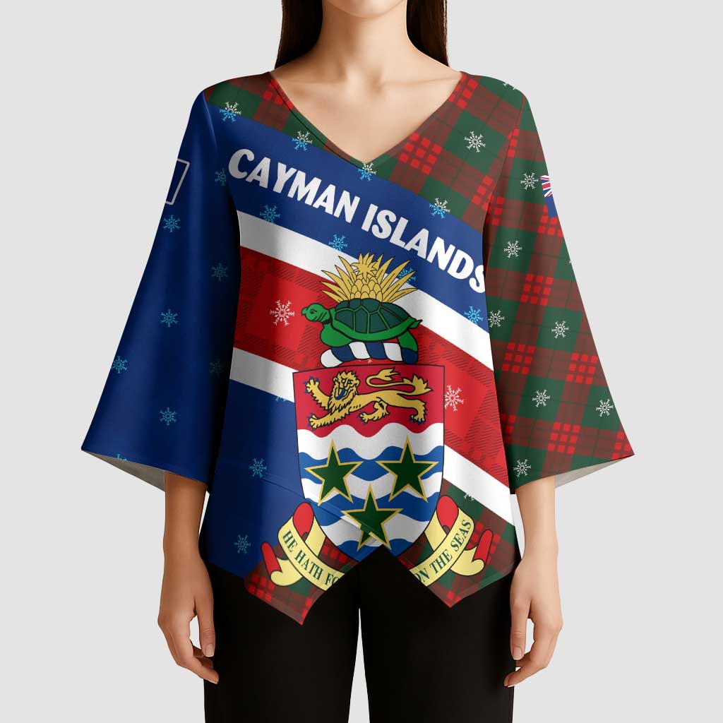 Cayman Islands Xmas Kimono Sleeve Blouse Christmas Plaid Turtle and Coat of Arms Red Green Blue - Wonder Print Shop
