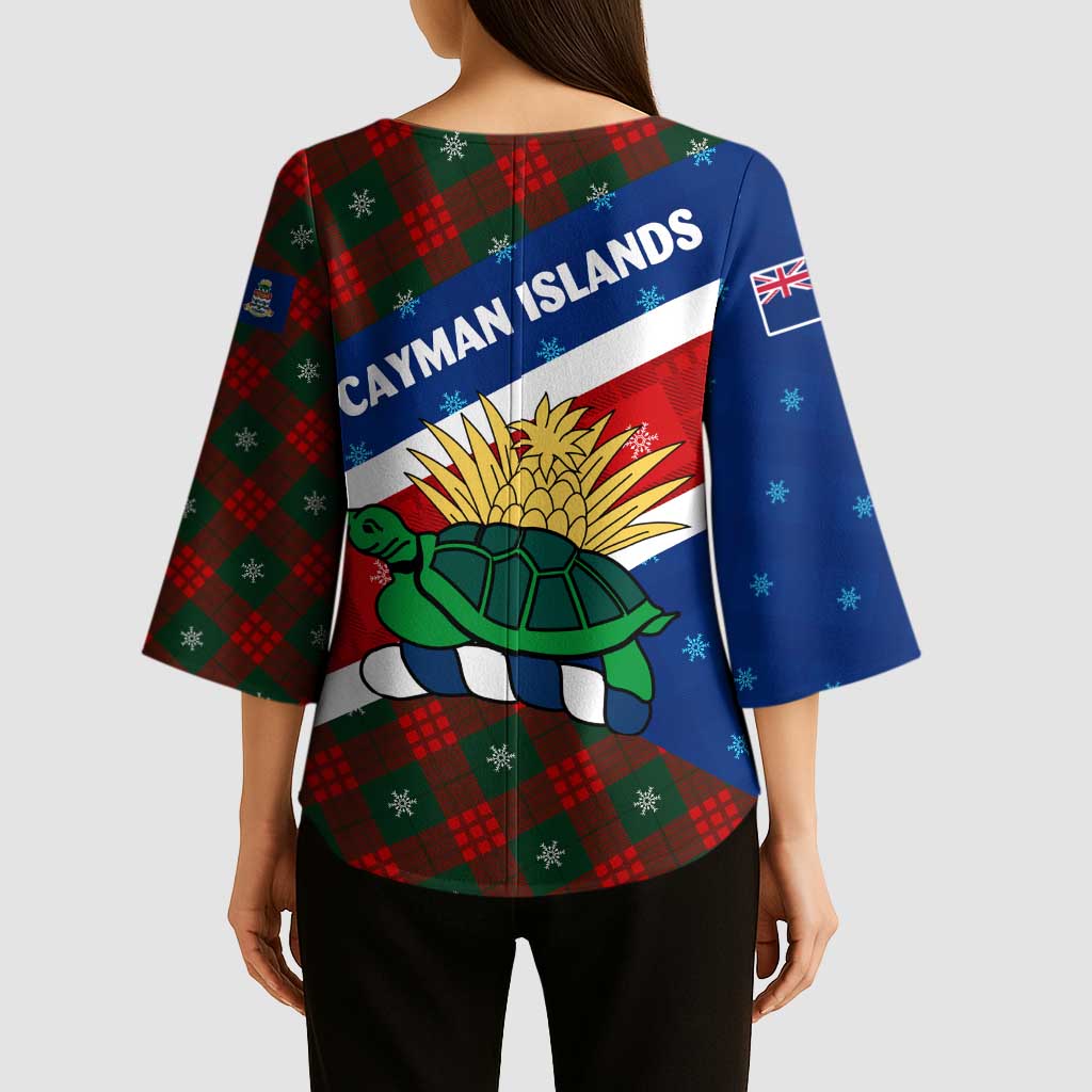 Cayman Islands Xmas Kimono Sleeve Blouse Christmas Plaid Turtle and Coat of Arms Red Green Blue - Wonder Print Shop