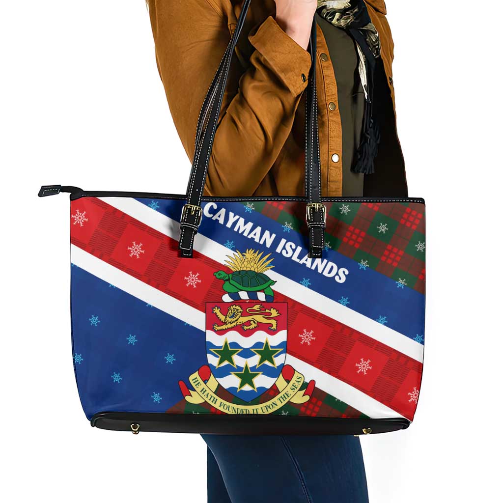 Cayman Islands Xmas Leather Tote Bag Christmas Plaid Turtle and Coat of Arms Red Green Blue - Wonder Print Shop