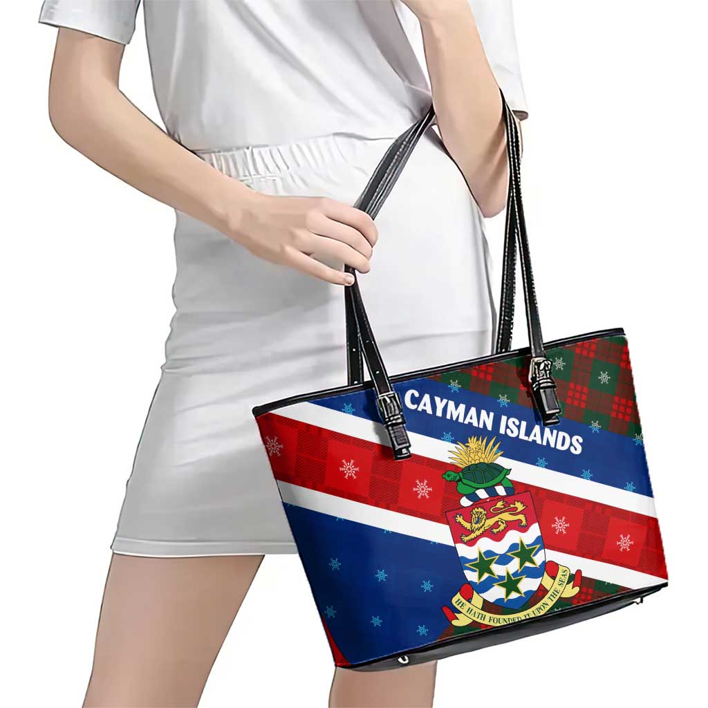 Cayman Islands Xmas Leather Tote Bag Christmas Plaid Turtle and Coat of Arms Red Green Blue - Wonder Print Shop