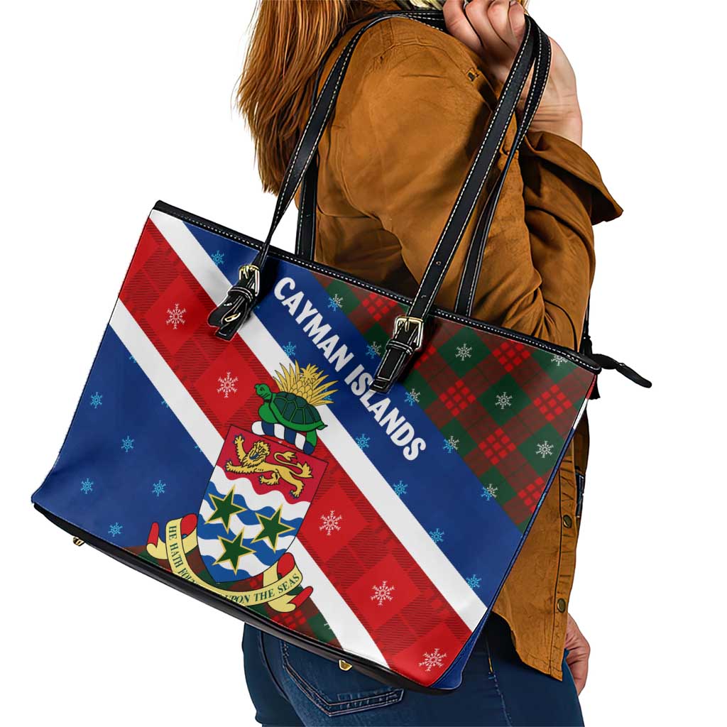 Cayman Islands Xmas Leather Tote Bag Christmas Plaid Turtle and Coat of Arms Red Green Blue - Wonder Print Shop