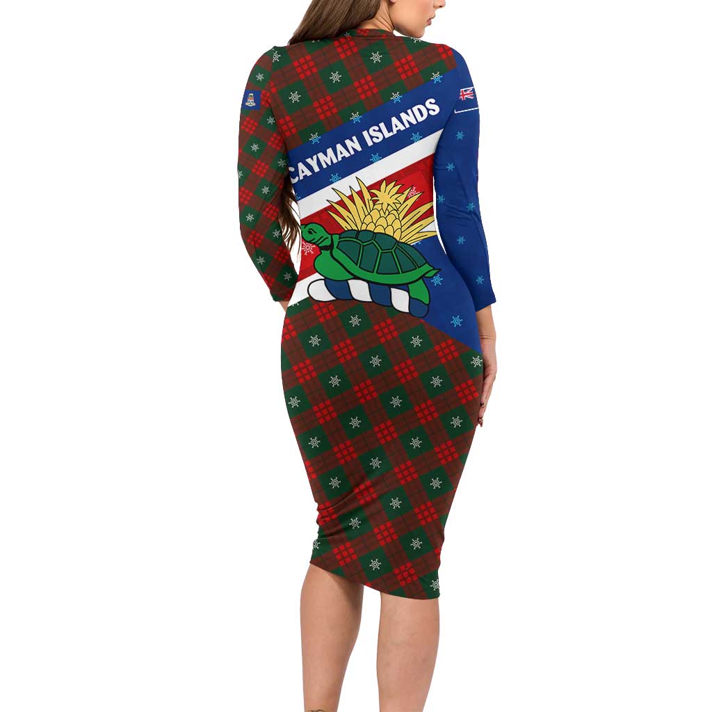 Cayman Islands Xmas Long Sleeve Bodycon Dress Christmas Plaid Turtle and Coat of Arms Red Green Blue - Wonder Print Shop