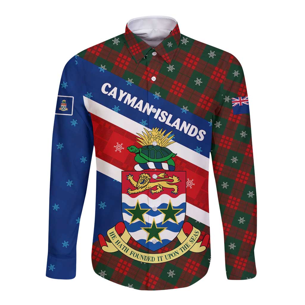 Cayman Islands Xmas Long Sleeve Button Shirt Christmas Plaid Turtle and Coat of Arms Red Green Blue - Wonder Print Shop