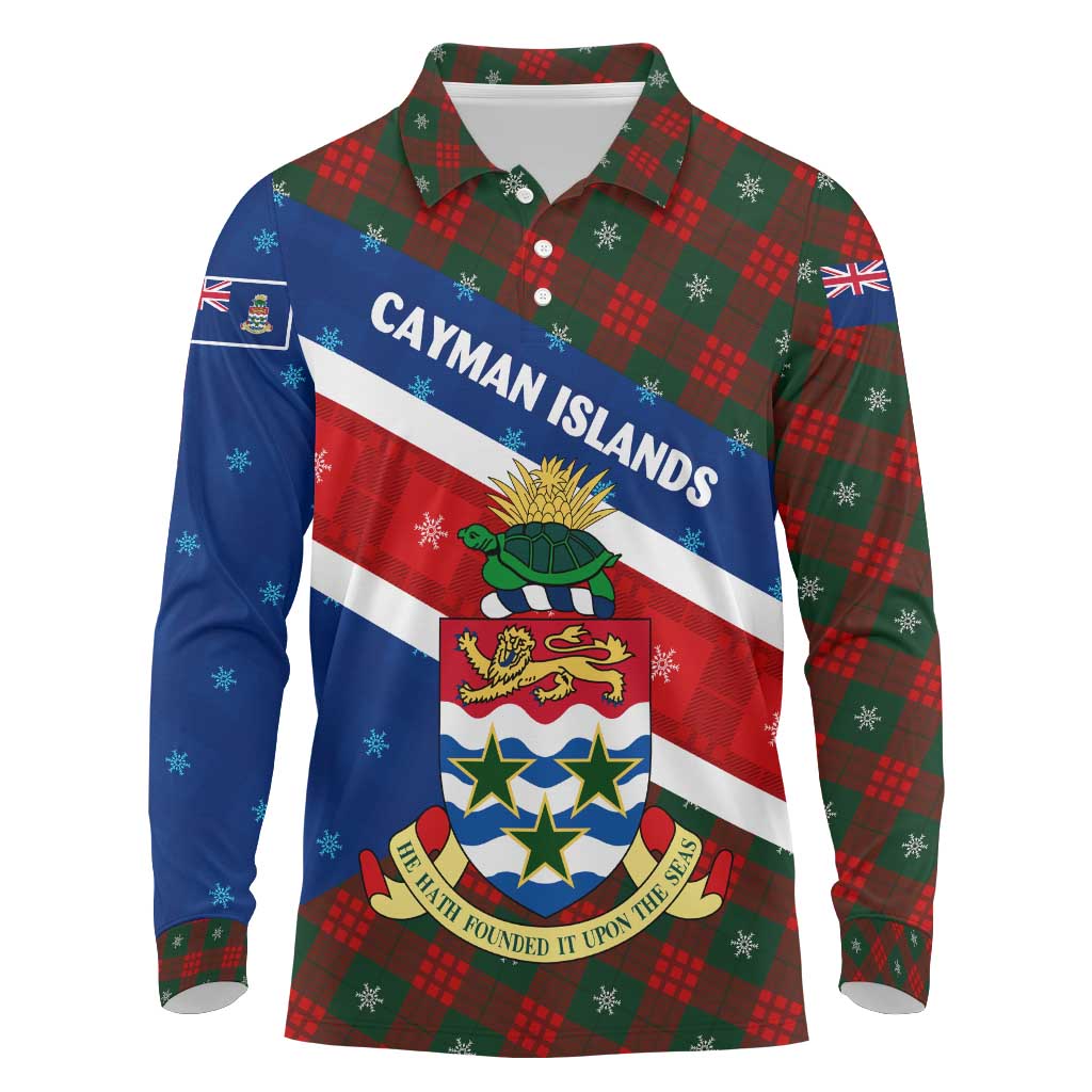 Cayman Islands Xmas Long Sleeve Polo Shirt Christmas Plaid Turtle and Coat of Arms Red Green Blue - Wonder Print Shop