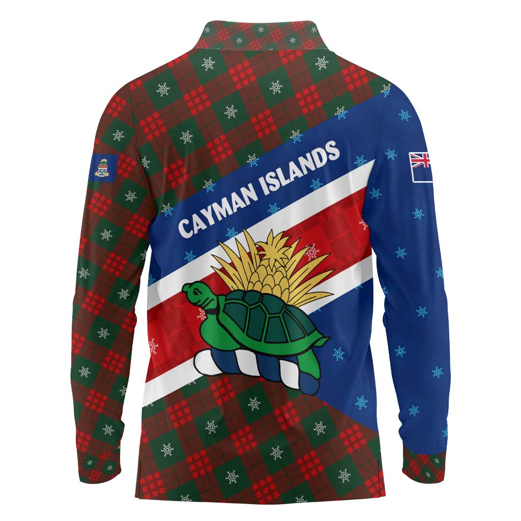 Cayman Islands Xmas Long Sleeve Polo Shirt Christmas Plaid Turtle and Coat of Arms Red Green Blue - Wonder Print Shop
