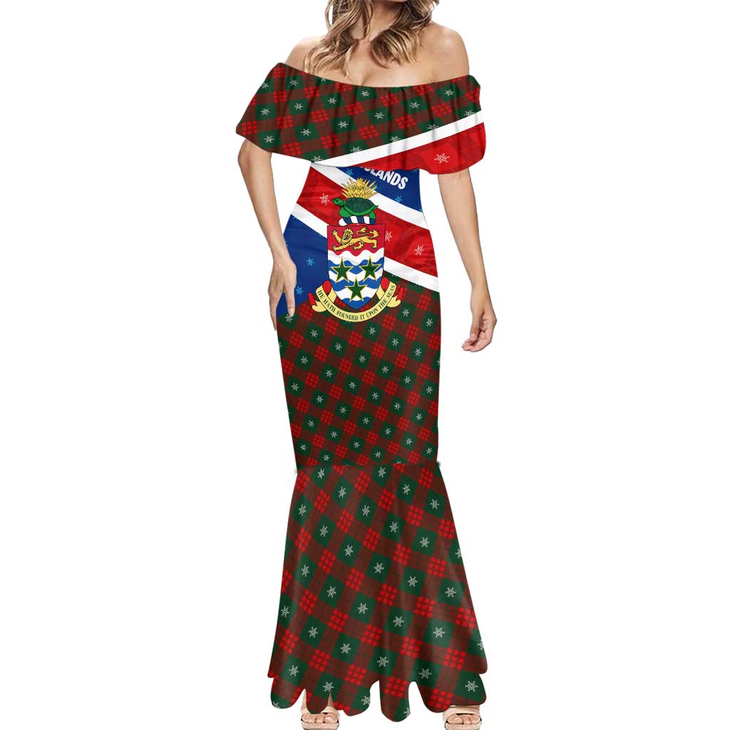 Cayman Islands Xmas Mermaid Dress Christmas Plaid Turtle and Coat of Arms Red Green Blue - Wonder Print Shop