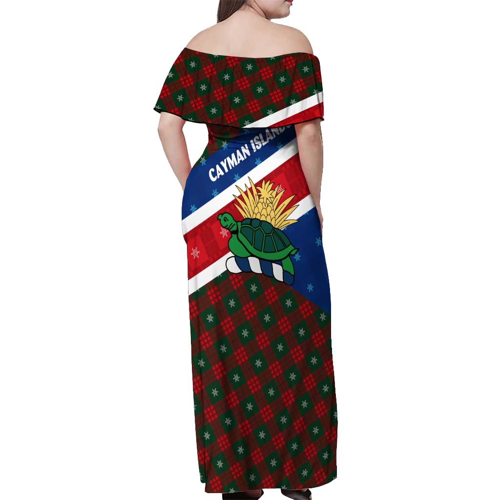 Cayman Islands Xmas Off Shoulder Maxi Dress Christmas Plaid Turtle and Coat of Arms Red Green Blue - Wonder Print Shop