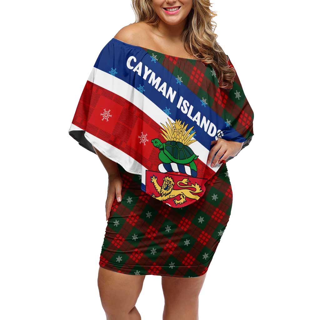 Cayman Islands Xmas Off Shoulder Short Dress Christmas Plaid Turtle and Coat of Arms Red Green Blue - Wonder Print Shop