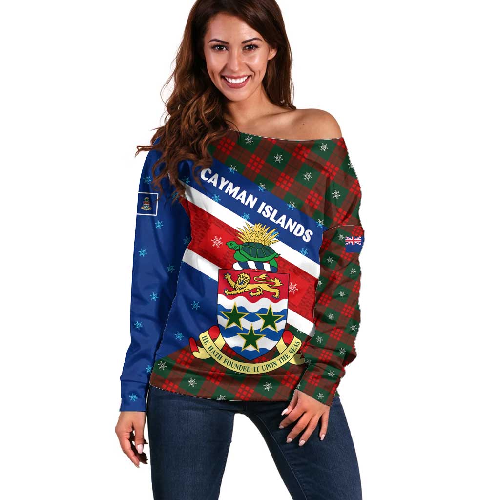Cayman Islands Xmas Off Shoulder Sweater Christmas Plaid Turtle and Coat of Arms Red Green Blue - Wonder Print Shop