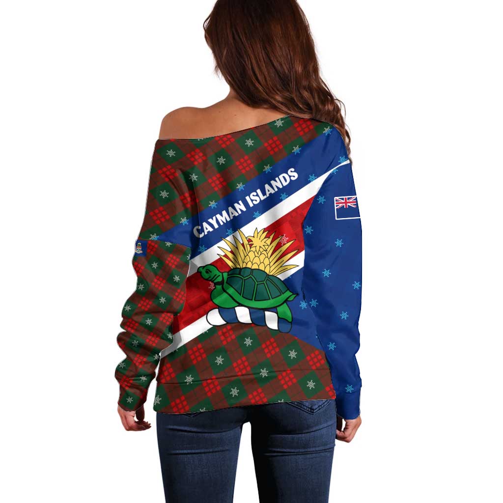 Cayman Islands Xmas Off Shoulder Sweater Christmas Plaid Turtle and Coat of Arms Red Green Blue - Wonder Print Shop