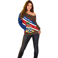 Cayman Islands Xmas Off Shoulder Sweater Christmas Plaid Turtle and Coat of Arms Red Green Blue - Wonder Print Shop