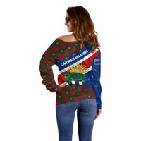 Cayman Islands Xmas Off Shoulder Sweater Christmas Plaid Turtle and Coat of Arms Red Green Blue - Wonder Print Shop